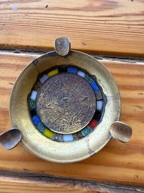 Antique Brass Ashtray with Aztec Calendar and  Colorful Inlay